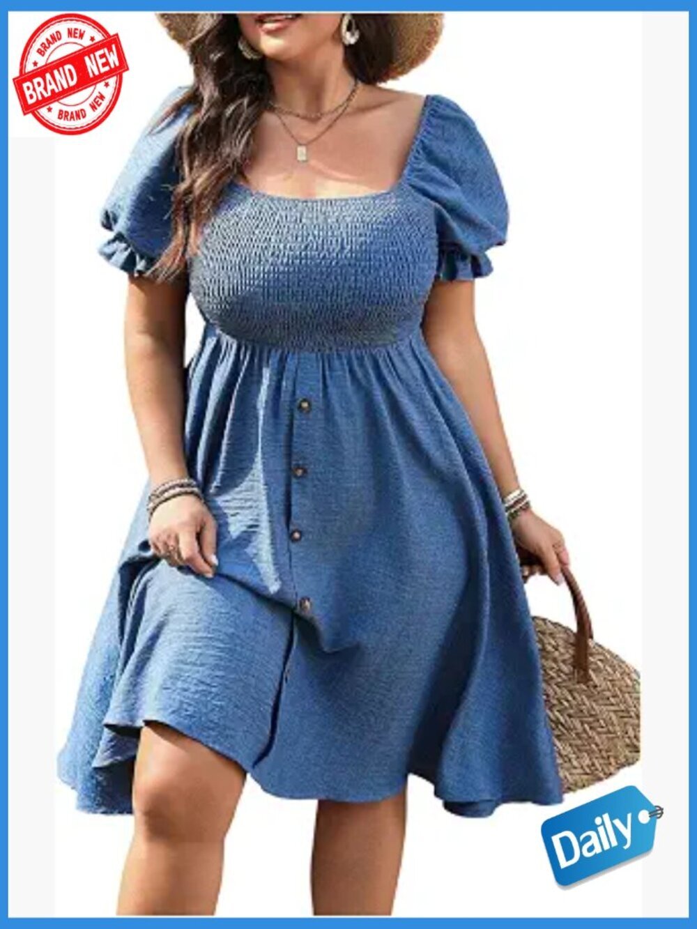 Plus Size Square Neck Puff Sleeve Shirred Flowy Dress